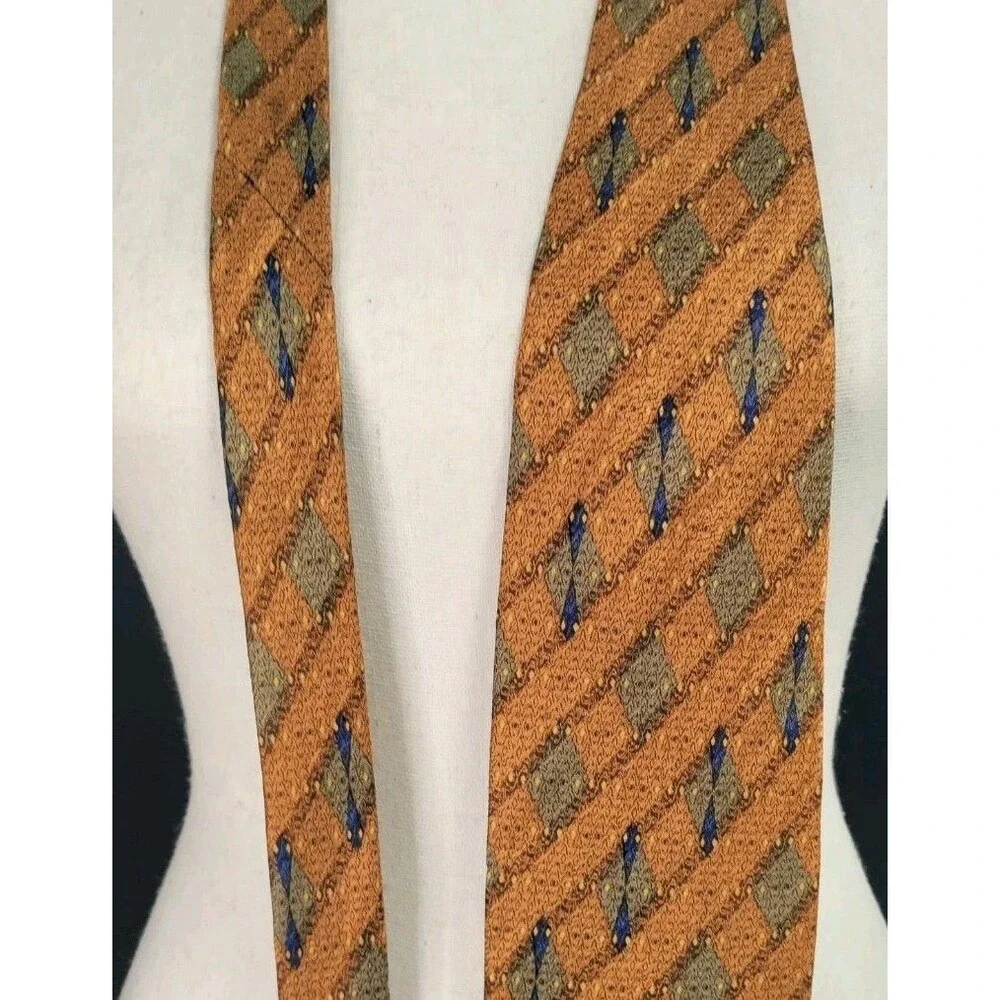 Vintage Brad Lauter 100% Silk Tie Brown Green Blue Geometric 60x4 Made In USA